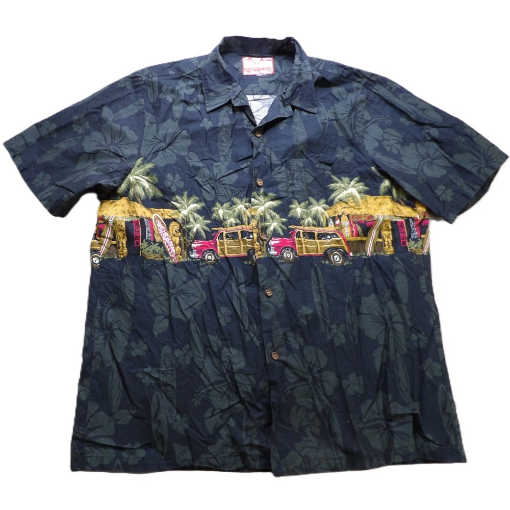 VTG RJC Hawaiian Aloha Shirt Men XL Made USA Woody Wagon Navy Button Front Aloha